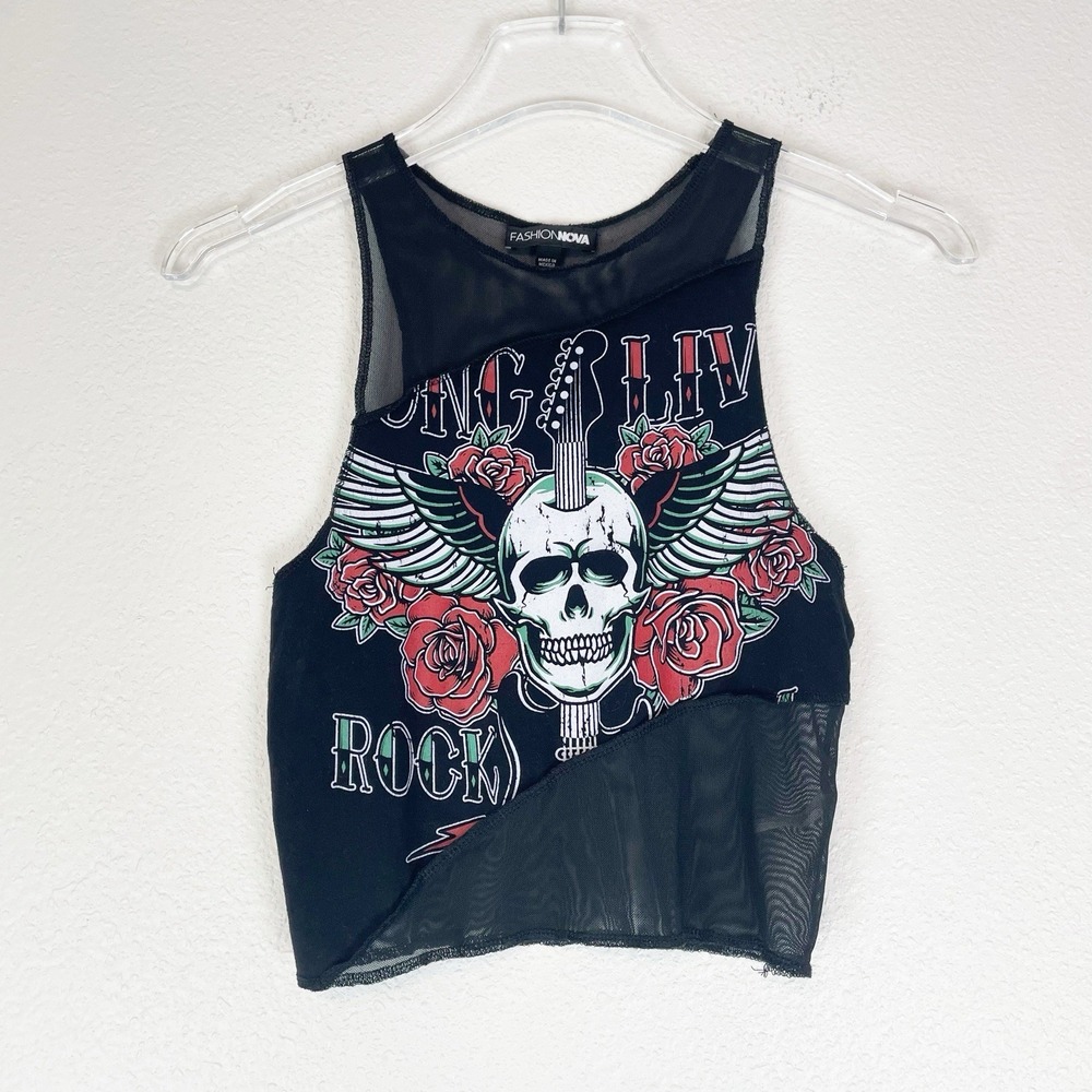 Fashion Nova Tank Top Medium Skull Rock n Roll Graphic Mesh Edgy Punk Crop M